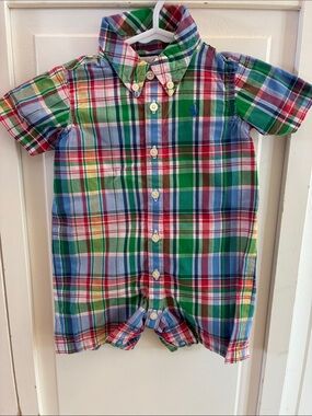 Ralph Lauren Multicolor Plaid Short-Sleeve Button Romper